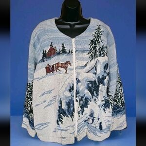 Vtg 90s AU Art Unlimited Sportswear Womans Large Tapestry Jacket Winter Scene